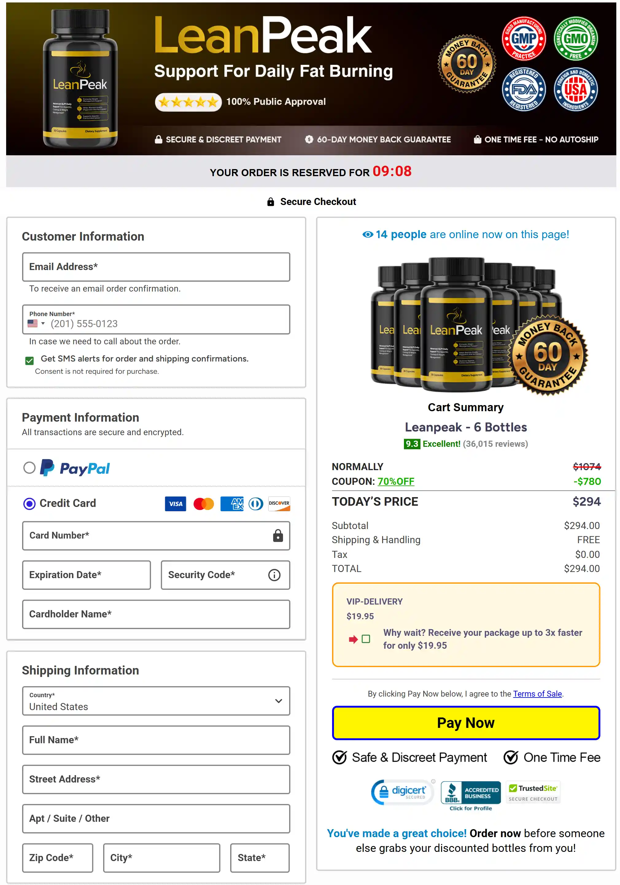 Secure LeanPeak Lean Peak checkout page for supplement orders
